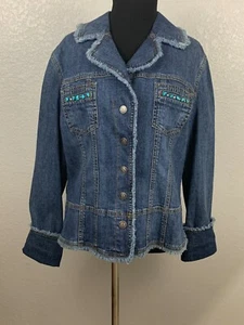 Chaqueta de mezclilla mediana para mujer Stetson talla M flecos azules personalizada cruz turquesa - Imagen 1 de 10