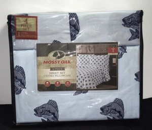 MOSSY OAK 4 Pc FISH DESIGN TWIN SHEET SET 1 EX PILLOWCASES BLUE NEW - Picture 1 of 3