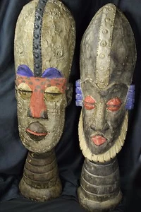 AFRIKANISCHE HANDGESCHNITZTE HOLZ- & GEHÄMMERTE METALLKÖPFE ~ ASHANTI HÄUPTLING & FRAU BÜSTE - Bild 1 von 12