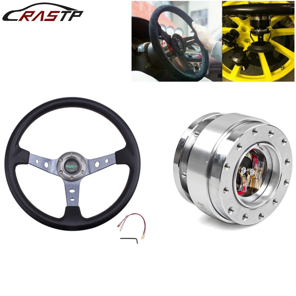 Volante de carreras rojo de plato profundo de 345 mm + kit adaptador de liberación rápida de bola Foto 1 de 4