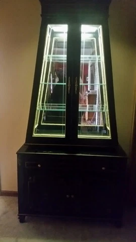 Unusual Shaped Black Lacquer 2 Piece China Cabinet  Slender W/ Light & Gold Rope Cover