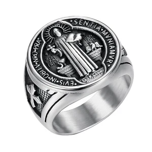 Catholic Signet St Saint Benedict Medal Ring Amulet Jewelry Biker Band Size 8-13 - Picture 1 of 8