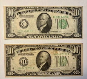 1934A $10 Ten Dollar Green Seal Federal Reserve Notes • Lot of 2 • Circulated - Picture 1 of 8