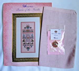 Patrón de punto de cruz Just Nan Reina de la aguja con lino y adornos - Imagen 1 de 5