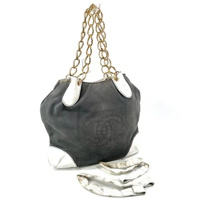 CHANEL Canvas Leather Chain Tote Bag with White Belt Gray Ivory CC Logo Auth - Image 1 of 4