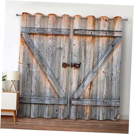 Jekeno Wood Barn Door Blackout Curtains Rustic Farmhouse Wooden Door in Retro...