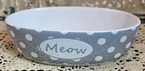 PetRageous Designs "Meow" Cat Bowl Dish Ceramic Grey w/ Polka Dots 6.75" x 4.5" - Picture 1 of 7