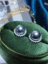 stunning 8-9mm tahitian black grey pearl cat earring 925s