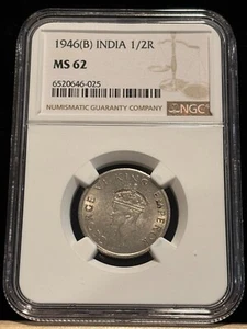 INDIA 1/2 Half Rupee 1946 (B), British / KGVI, NGC MS 62 UNC / BU. "025". K6 - Picture 1 of 2