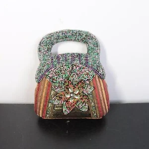 Borsa a mano con perline floreali metallizzate ornate a conchiglia rigida zingara boho borsetta - Foto 1 di 7