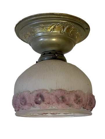 Antique Brass & Purple Floral Glass Shade Flush Ceiling light Fixture Cover