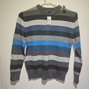 NWT Gap Kids Pullover Crewneck Sweater Striped Medium (8) Gray Teal Cotton Wool - Picture 1 of 4