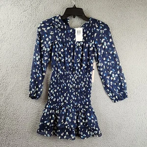 Aqua Smocked Speckle Dress Girls' M 9/10 Navy Crew Neck Button Keyhole Back L/S+ - Picture 1 of 13