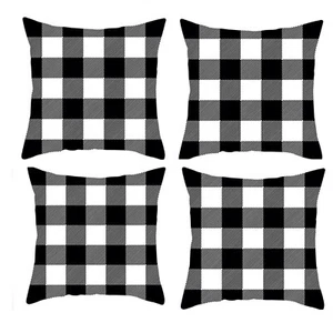 Farmhouse Black White Checked Square Throw Pillow Covers 18"x18" Set of 4 Covers - Picture 1 of 2