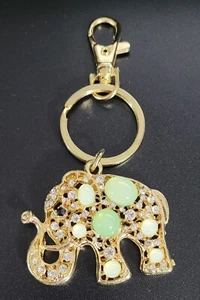 Elephant gold tone with green & Clear rhinestones Black Eyes Keychain - Picture 1 of 3