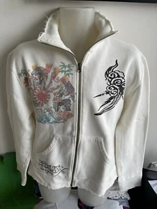 Ed Hardy Vintage neuer weißer Schädel mit durchgehendem Reißverschluss Schweiß groß selten ausverkauft - Bild 1 von 11