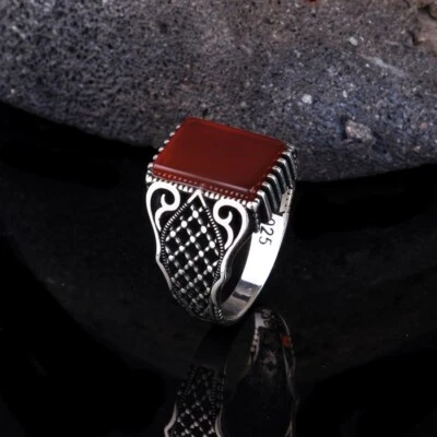 Anillo hecho a mano de plata esterlina 925 maciza de ónix rojo natural joyería para hombre Foto 1 de 4