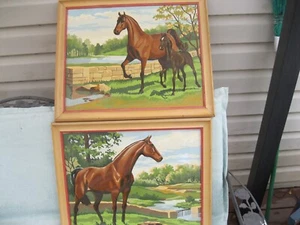 VINTAGE 1960'S PAINT BY NUMBER HORSE HORSES IN WOOD FRAME 23 BY 19 LOT OF 2 NICE - Picture 1 of 5