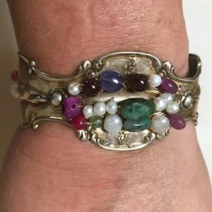 Tiffany Antique 1889 Cherub Cuff Bracelet Gemstone Sterling Silver Ruby Emerald - Picture 1 of 10