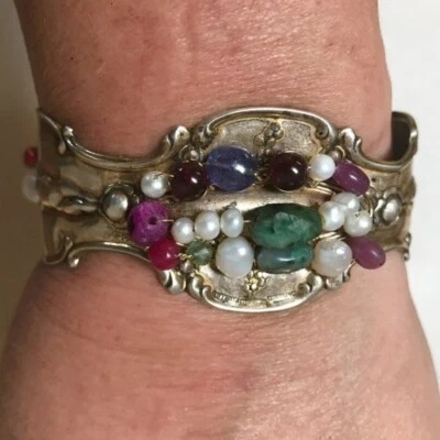 Tiffany Antique 1889 Cherub Cuff Bracelet Gemstone Sterling Silver Ruby Emerald - Image 1 of 4