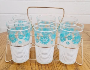 6 MCM Turquoise Floral White Pinstripe Highball Drinking Glasses Holder Set Vtg - Picture 1 of 12
