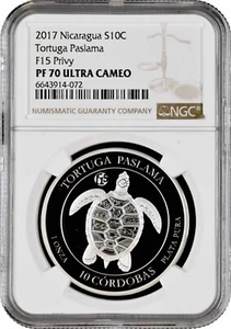 Nicaragua 10 cordobas 2017, NGC PF70 UC, "Olive ridley sea turtle" Top Pop 2/0 - Picture 1 of 2