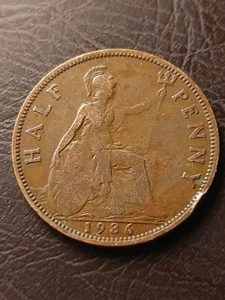 1936 Half Penny George V Great Britain UK Copper Coin Half Cent - Picture 1 of 2