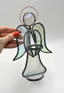 Y2K Buntglas Engel Teelicht Kerzenhalter irisierendes Glas signiert Handarbeit - Bild 1 von 9