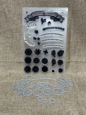 Juego de estampillas y troqueles Mama Elephant Bloomsies - flores, pancartas, amor, alegría Foto 1 de 4