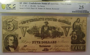 T-37 $5 1861 Confederate States Currency Civil War Banknote , PCGS VF25 - Picture 1 of 2