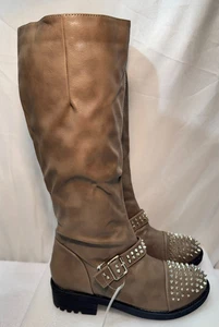 Botas hasta la rodilla Casandra con tachuelas Reino Unido 8/41 para mujer marrón imitación cuero cremallera completa - Imagen 1 de 19