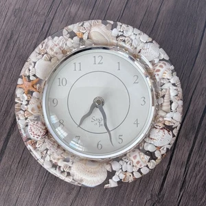 Seashell Wall Clock 8" Lucite Vomit Ocean Beach Coastal Nautical Decor Vintage - Picture 1 of 6