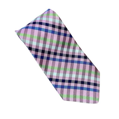 Corbata de seda Hickey Freeman para hombre | Rosa azul blanco verde primavera cuadros a medida a mano Foto 1 de 4