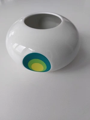 vintage kleine runde retro Schönwald Germany Vase, weiß mit grün gelben Kreisen - Bild 1 von 4