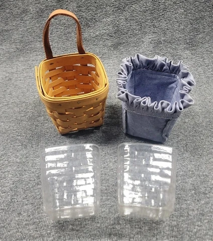 Longaberger 1999 Chives Basket W Leather Handle, Blue Liner, 2x Protectors Cover