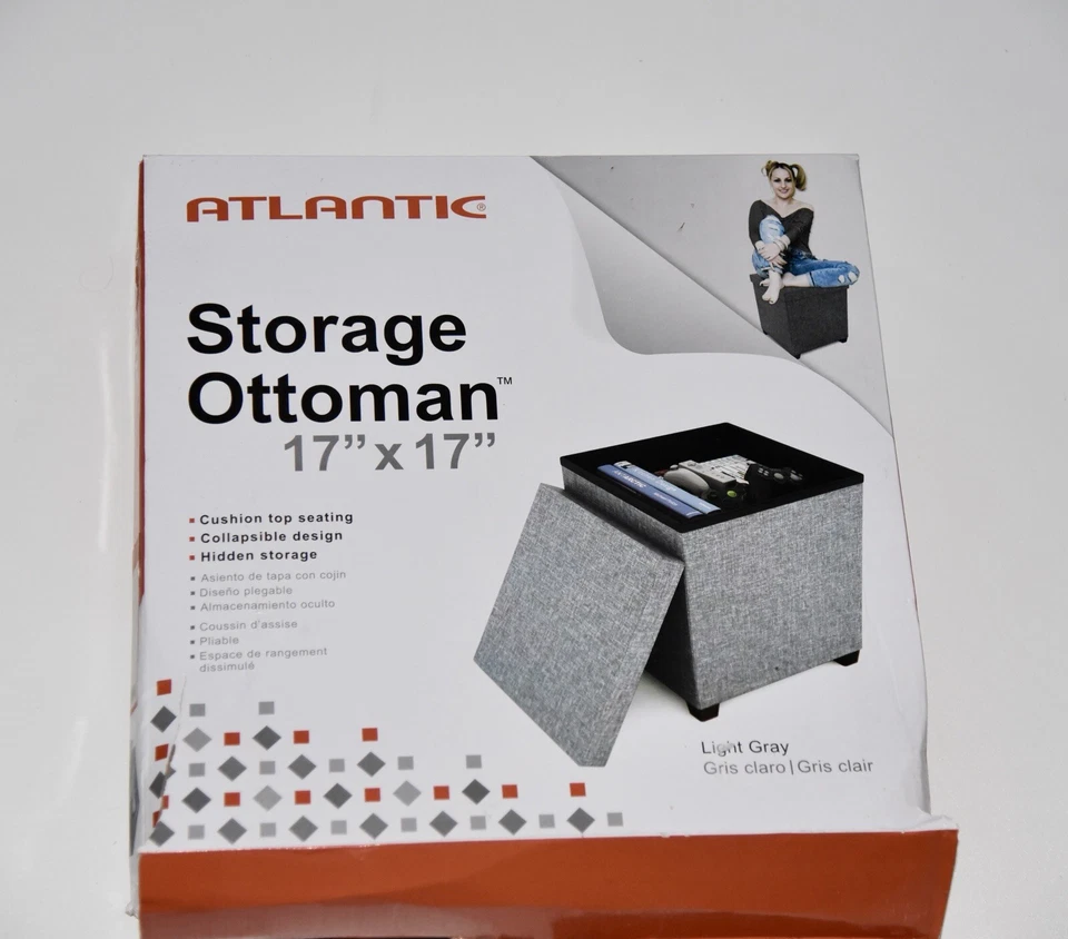 Atlantic Storage Ottoman 17x17 Square Light Grey Gray Small With Feet 67336042 - Image 1 of 3