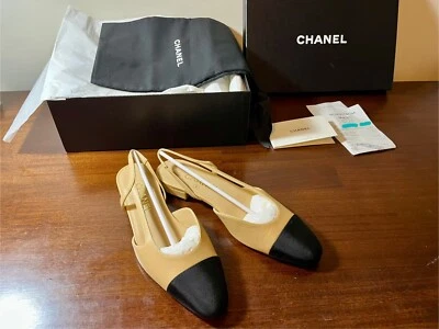 NEW Chanel Flat Slingbacks 37.5 Goatskin Grosgrain Cap Toe CC w/ Receipt + Box - Image 1 of 4