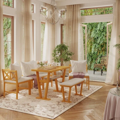 Juego de comedor modular tapizado en madera natural y crema de 6 piezas para granja Foto 1 de 4