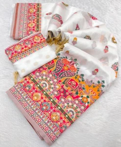 White Viscose Pashmina Silk Lagdi Patta Traditional Indian Saree for Women - Picture 1 of 5