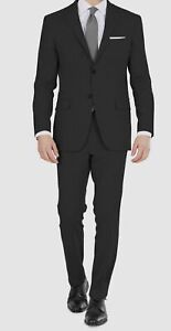 $585 DKNY Mens Black Modern-Fit Stretch Solid Jacket Pants 2 Piece Suit 42R