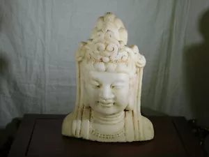 Antiker chinesischer/tibetischer Guan Yin handgeschnitzter Kopf & Schultern aus weißem Stein - Bild 1 von 11