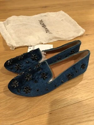 ANTIK BATIK Бархатный Плоский Размер 38 Индийский крестьянин богемно-синий цвет аква с Блестящими Цветами - Изображение 1 из 3