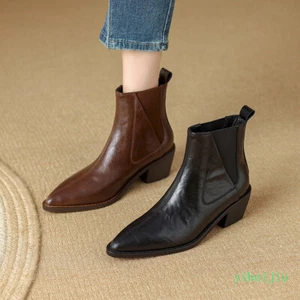 Women's Vintage Leather Ankle Boots Mid Cuban Heel Pull On Shoes Dress Casual SZ - Picture 1 of 24