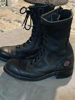 Vintage Size 9 Harley Davidson Leather Unisex Combat Boots Laces Front Zip Side - Image 1 of 4