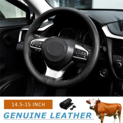 Black Genuine Leather DIY Car Steering Wheel Cover Anti-slip Car Accessories US - Image 1 of 4