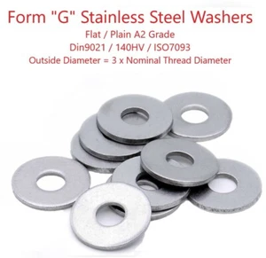 2mm 2.5mm 3mm 4mm 5mm 6mm 7mm 8mm 10mm 12mm Form G Large Stainless Steel Washers - Picture 1 of 2