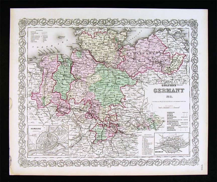 Mapa Colton 1874 - Norte de Alemania - Hamburgo Bremen Hannover Berlín Weimar Holstein Foto 1 de 1