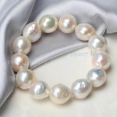 11-12mm Real South Sea Natural White Baroque Edison Pearl Elastic Bracelet 8 in - Image 1 of 4