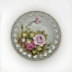 VTG Lefton Pink Roses Floral Chintz Footed Plate Pedestal Serving / Candy Dish - Picture 1 of 4
