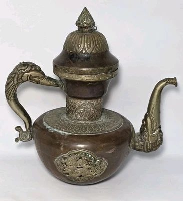 Antique Tibetan Brass/Copper Ornate Dragon Motif Handled Embossed Tea Pot  - Image 1 of 4